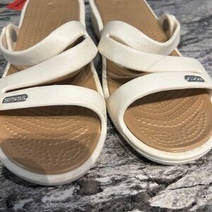 CROCS Women’s White Strap Sandals with Tan Footbed